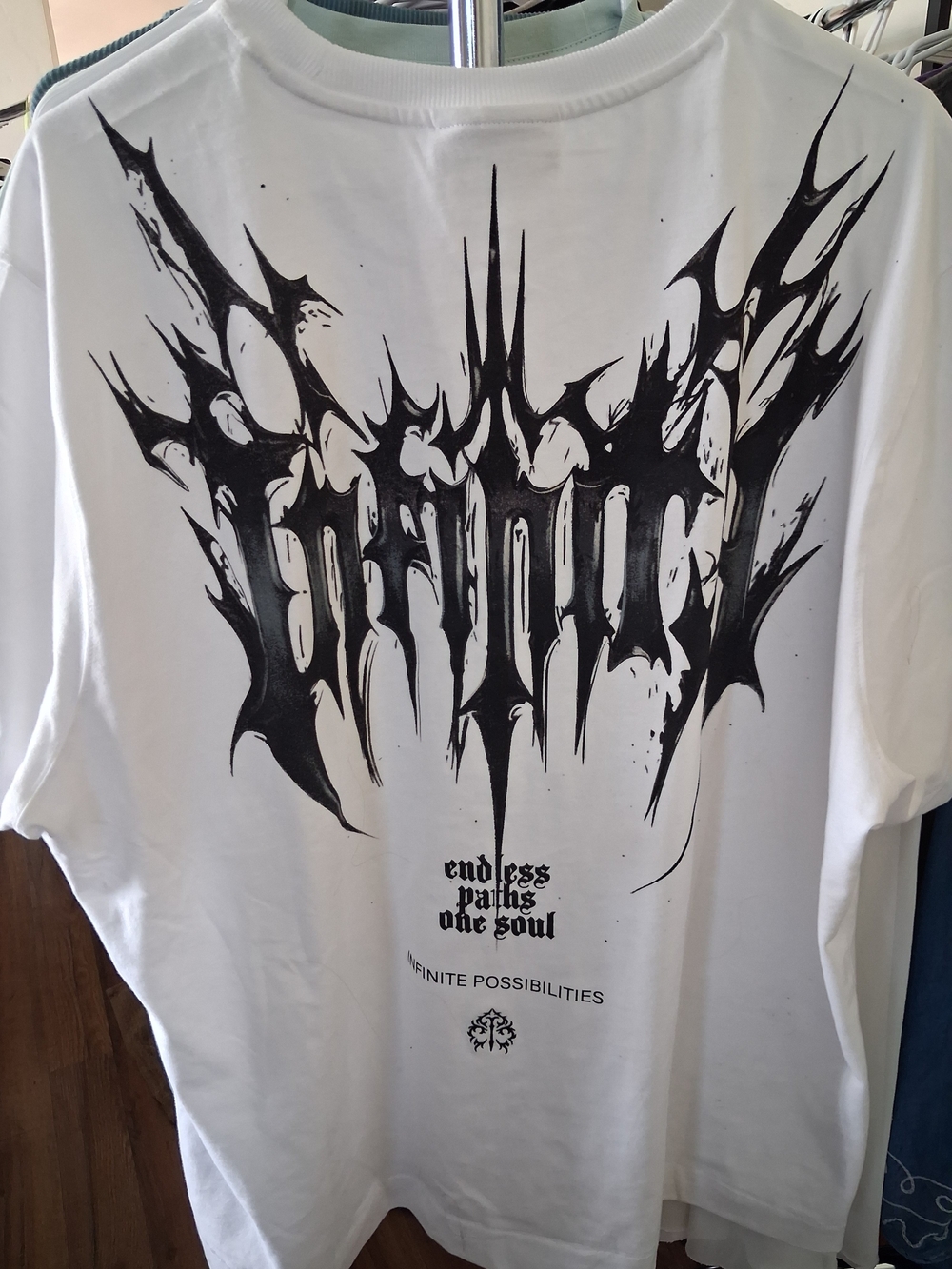 White Graphic Crewneck T-Shirt with Black Abstract Print